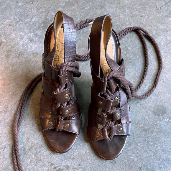 L.A.M.B. Brown Leather Wedge Sandals - Picture 3 of 6